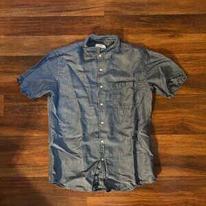 Uniqlo Button Up Shirt Mens Size Large Blue Linen Cotton Blend Short Sleeve